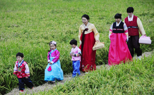 A family dressed in colorful hanbok walk through rice paddies on a hometown visit for huseok holiday in Changnyeong, South Gyeongsang Province, Sunday. (Park Hae-mook/The Korea Herald)