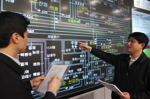 Workers at Korea Power Exchange in southern Seoul look at the distribution board. (Yonhap News)