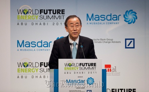U.N. Secretary-General Ban Ki-moon addresses the opening ceremony of the World Future Energy Summit in Abu Dhabi on Monday.  (Masdar)