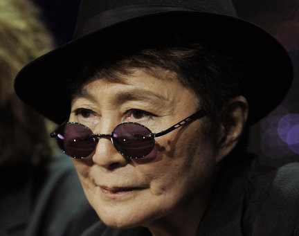 Yoko Ono is pictured during a panel discussion on the PBS special 