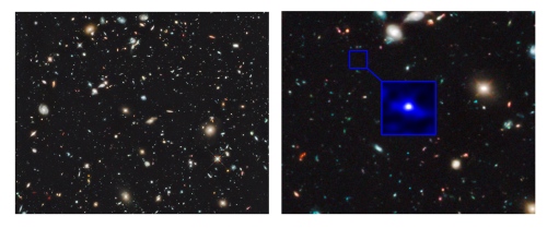 These handout images, provided by NASA, taken by the Hubble Space Telescope shows the sky in the region of the Hubble Ultra-Deep field taken with the new Wide Field Camera 3 Infra-red imager (WFC3/IR) on HST. This image is the deepest image of the sky ever obtained in the near-infrared, left. Right is the image enhanced showing the galaxy that existed 480 million years after the Big Bang and the position in the Hubble Ultra Deep Field (HUDF) where it was found. (AP-Yonhap News)