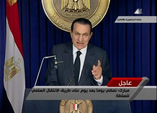 Egyptian President Hosni Mubarak makes a televised statement to his nation in this image taken from TV aired Thursday Feb. 10, 2011. Following more than two weeks of protests, anti-government demonstrators were given hope by official statements suggesting that Mubarak may step down after 30 years in power. But Mubarak said in his statement that while protester demands are legitimate, he won't give in to foreign dictates. (AP-Yonhap)
