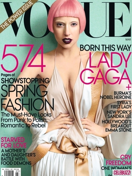 In this magazine cover image taken by Mario Testino and released by Vogue, singer Lady Gaga is shown on the cover of the March 2011 issue of 
