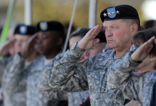 General James D. Thurman salutes during an awards ceremony and memorial stone unveiling commemorating the one-year anniversary of the worst mass shooting on a U.S. military base, where 13 people were killed and dozens wounded, on Friday, November 5, 2010, in Fort Hood, Texas. (MCT)