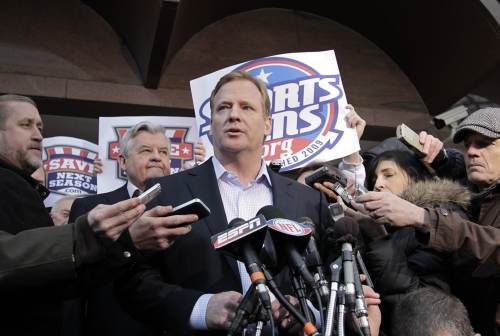 NFL Commissioner Roger Goodell speaks with reporters in Washington. (AP-Yonhap News)