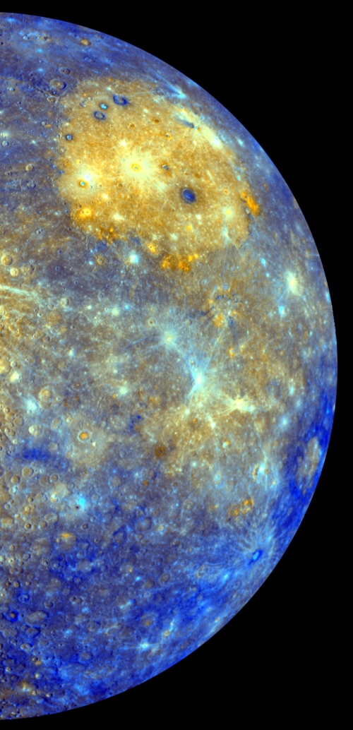 This image released by NASA shows an enhanced photo image of Mercury from its Messenger probe's 2008 flyby of the planet. (AP-Yonhap News)