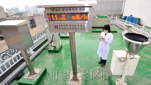 A researcher measures radioactivity levels Tuesday at a radiation monitoring station in Seoul. (Kim Myung-sub/The Korea Herald)