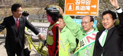 Ruling Grand National Party candidate Kang Jae-sup (left photo) and his rival from the main opposition Democratic Party Sohn Hak-kyu (far right in right photo) woo support from voters in the Bundang constituency in Seongnam, Gyeonggi Province, Monday. (Yonhap News)