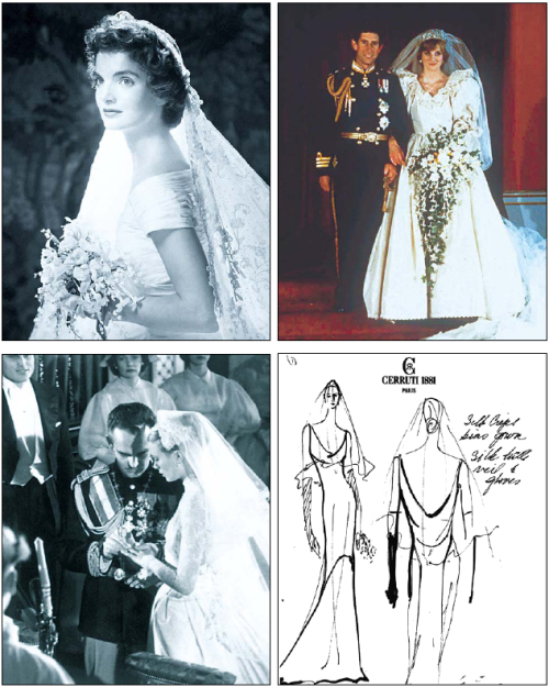 (Clockwise from bottom left) Grace Kelly on her wedding wears a gown made by costumer Helen Rose and the wardrobe department of MGM; Jacqueline Kennedy’s wedding gown designed by Ann Lowe; Prince Charles and Princess Diana on their wedding day; an artist’s sketch shows Narciso Rodriguez’s wedding gown that Carolyn Bessette wore when she married John F. Kennedy Jr. in 1996. (AP-Yonhap News)