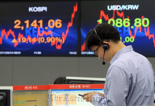 A dealer observes KOSPI index trends. The index closed at 2,173.72 on Monday. (Yonhap News)