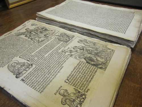 A copy of the “Nuremberg Chronicle” published in 1493 is displayed at Ken Sanders Rare Books in Salt Lake City on April 23. (AP-Yonhap News)