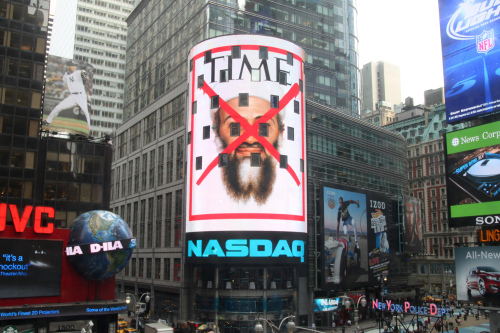 The cover of a special issue of Time magazine on the death of Osama bin Laden displayed on the Nasdaq screen in New York’s Times Square. (AP-Yonhap News)