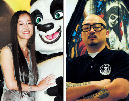 (Left) Jennifer Yuh, director of “Kung Fu Panda 2,” poses with the character Po at a press conference in Seoul this month. (Yonhap News)(Right)Hyung Min-woo, graphic artist of the comic series “Priest,” which was made into a 3-D Hollywood movie. (Buena Vista Sony Pictures Releasing)