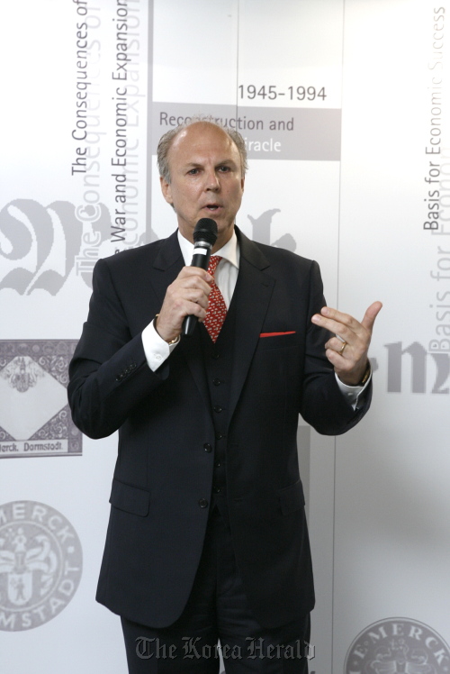 Merck Korea president Juergen Koenig speaks at a press briefing at a Seoul hotel Tuesday. (Merck Korea)