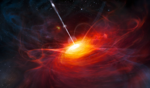 This artist's conception provided by the European Southern Observatory shows ESO's Very Large Telescope and a host of other telescopes' discovery of the most distant quasar found to date. This brilliant beacon, powered by a black hole with a mass two billion times that of the Sun, is by far the brightest object yet discovered in the early Universe. (AP-Yonhap News)