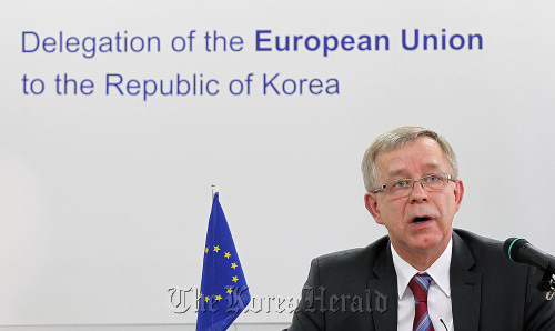 EU Ambassador Tomasz Kozlowski speaks during a news conference on Thursday. (Yonhap News)
