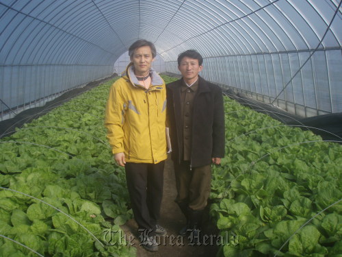 Pastor Kim Seon-man (left) is shown along with a North Korean technician in the greenhouse he oversaw near the Mount Geumgang resort.