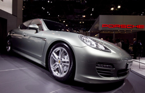 A Porsche AG Panamera Hybrid vehicle sits on display at the New York International Auto Show in New York. (Bloomberg)