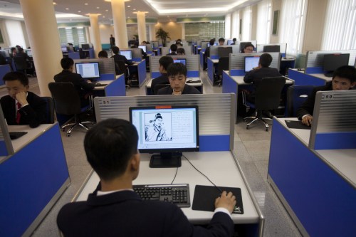 People work on library computers at Kim Il Sung University in Pyongyang, North Korea. (AP-Yonhap News)