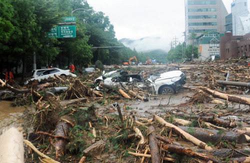 Rescuers clear fallen tree branches in Seocho-dong(Yonhap News)