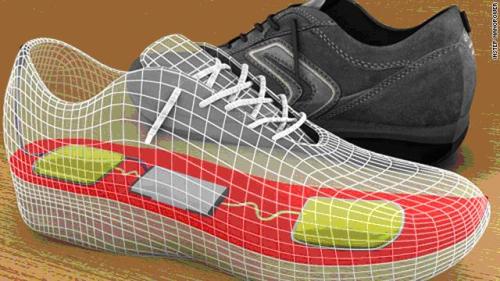 This picture shows design of a pair of shoes that keep electronic gadgets charged on the go.(Tom Krupenkin, Ashley Taylor)