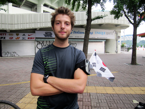 Joe Riley outside Daejeon’s World Cup Stadium during his mission to run four marathons in four days. (Claire Keet)