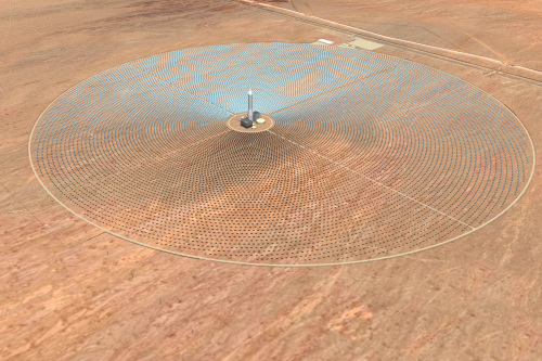 This artist rendering released by SolarReserve LLC shows what will be the Crescent Dunes Solar Energy Project, a solar generating facility, that is being constructed northwest of Tonopah, Nevada. (AP-Yonhap News)