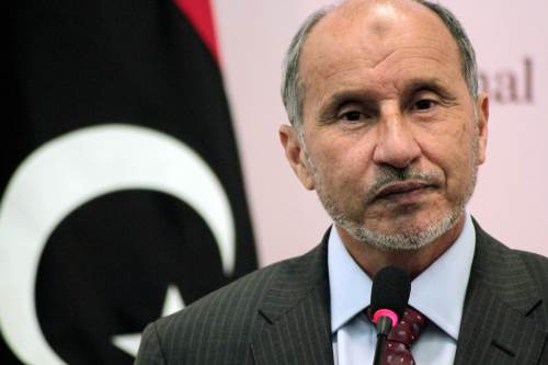 National Transitional Council chief Mustafa Abdul-Jalil holds a press conference in Benghazi on Saturday. (AFP-Yonhap News)