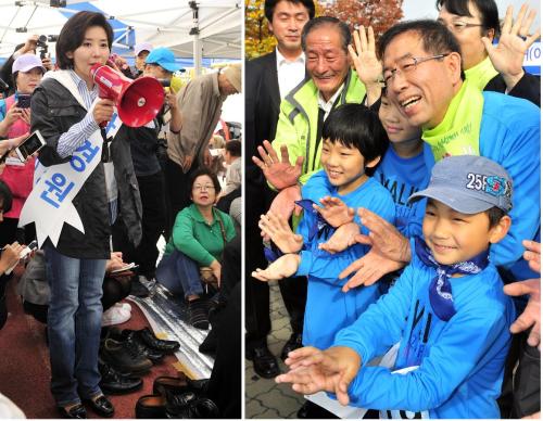 Na Kyung-won (left photo) and Park Won-soon (right photo) are shifting their campaigning into overdrive with only three days left before the Seoul mayoral by-election. (Kim Myung-sub/The Korea Herald)