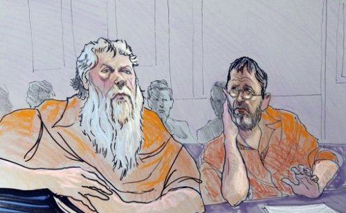 Ray Adams, left, and Samuel Crump are shown in this artist rendering as he appear in a federal courtroom in Gainesville, Ga., Wednesday, Nov. 2, 2011. (AP)