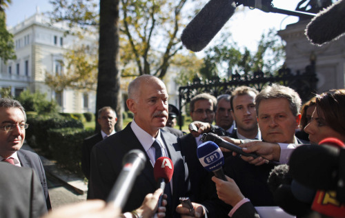 Greece Prime Minister George Papandreou addresses the media in Athens on Saturday. (AP-Yonhap News)