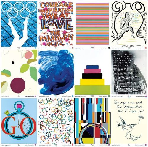 Posters by (top row, from left) Anthea Hamilton, Bob and Roberta Smith, Bridget Riley, Chris Ofili, (second row, from left) Gary Hume, Howard Hodgkin, Martin Creed, Fiona Banner, (bottom row, from left) Michael Craig Martin, Rachel Whiteread, Sarah Morris and Tracey Emin, which have been chosen as the 12 official poster images for the London 2012 Olympic Games. (AP-Yonhap News)