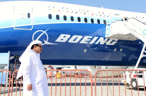 A man visits the opening day of the 12th Dubai Airshow in Dubai, the United Arab Emirates, Sunday. (Xinhua-Yonahp News)