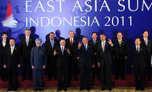 Leaders pose for a group photo at the East Asia Summit and ASEAN Summit in Nusa Dua, Bali, Indonesia, Saturday. (Yonhap News)