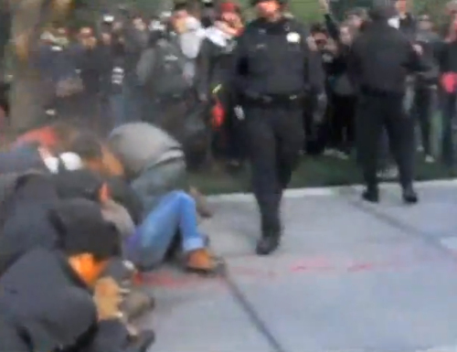 In this frame grab from video provided by Jamie Hall, a police officer pepper sprays Occupy demonstrators Friday at the University of California, Davis. (AP-Yonhap News)