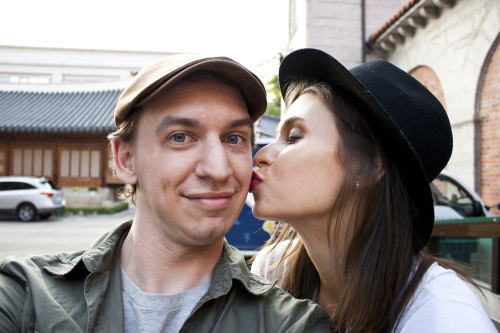 Zachary Westbrook poses with model Kendra Lee during a shoot in Seoul in October. (Zachary Westbrook)