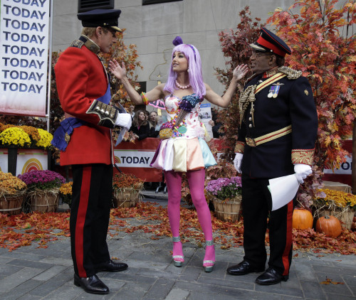 Co-hosts, from left, Matt Lauer as Prince William; chef Giada De Laurentiis, as Katy Perry; and Al Roker as Prince Harry are shown on the NBC 