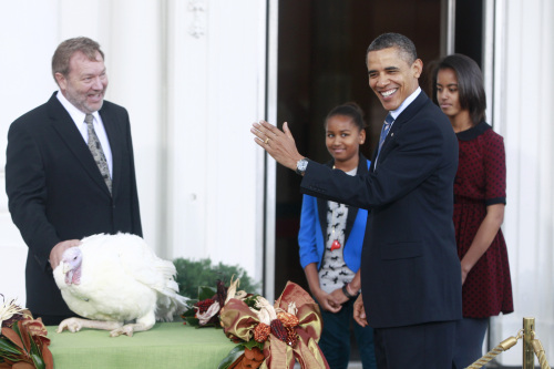 President Barack Obama, with daughters Sasha and Malia, pardons Liberty, a 19-week old, 45-pound turkey, on the occasion of Thanksgiving, Wednesday, Nov. 23, 2011, on the North Portico of the White House in Washington. At left is National Turkey Federation Chairman Richard Huisinga. (AP-Yonhap News)