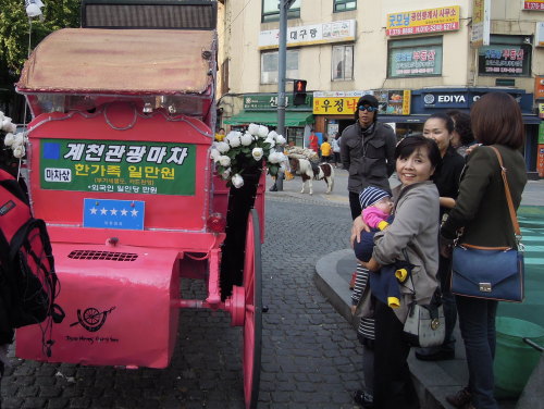 A horse carriage waits for passengers by Cheonggyecheon in Seoul, bearing a sign with different prices for “families” and “foreigners.” (Paul Kerry/The Korea Herald)