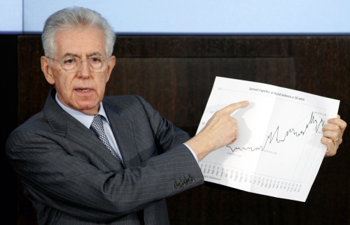 Italy’s P.M. Mario Monti speaks during his year-end news conference in Rome on Thursday. (Bloomberg-Yonhap News)