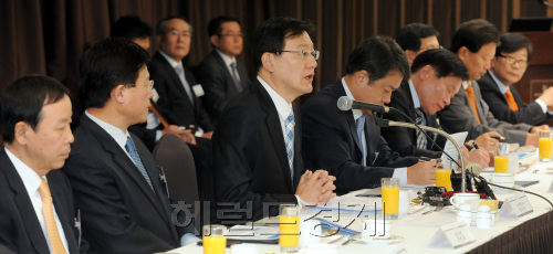 Knowledge Economy Minister Hong Suk-woo (center) speaks during a meeting with executives from the 30 largest conglomerates at a hotel in Seoul on Friday. (Ahn Hoon/The Korea Herald)