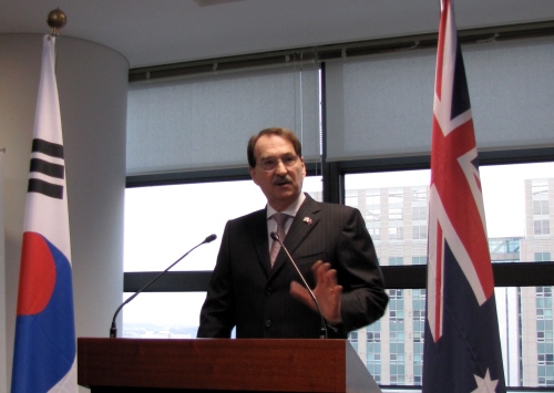 Australian ambassador Sam Gerovich speaks at the Australian Culture Center in Seoul on Thursday.(Kirsty Taylor/The Korea Herald)