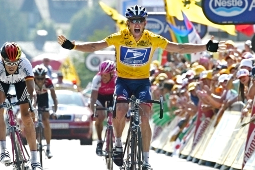 In this July 22, 2004, file photo, Lance Armstrong reacts as he crosses the finish line to win the 17th stage of the Tour de France cycling race between Bourd-d`Oisans and Le Grand Bornand, French Alps. AP-Yonhap