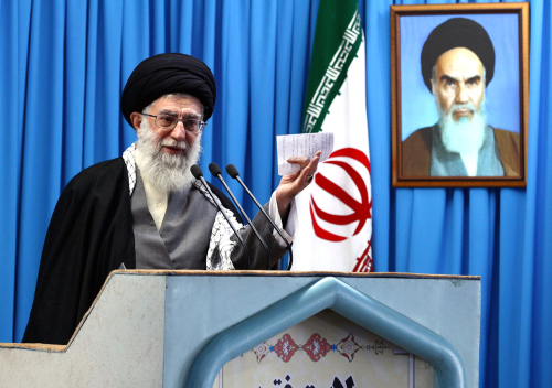 Iranian Supreme Leader Ayatollah Seyyed Ali Khamenei speaks during Friday prayers in Tehran on Friday. (Xinhua-Yonhap News)