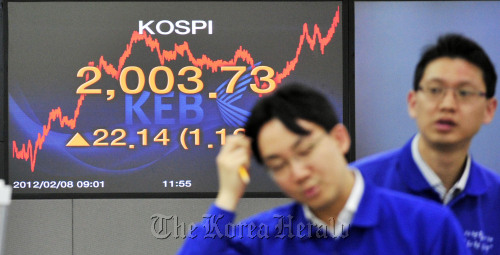 The KOSPI breaks above the 2,000 mark for the first time in about six months. The benchmark index closed at 2,003.73 on Wednesday, up 22.14 points from a trading session earlier. (Kim Myung-sub/The Korea Herald)