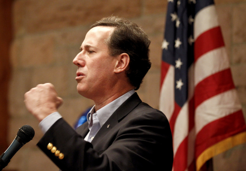 Republican presidential candidate, former Pennsylvania Sen. Rick Santorum speaks in Colorado on Tuesday. (AP-Yonhap News)