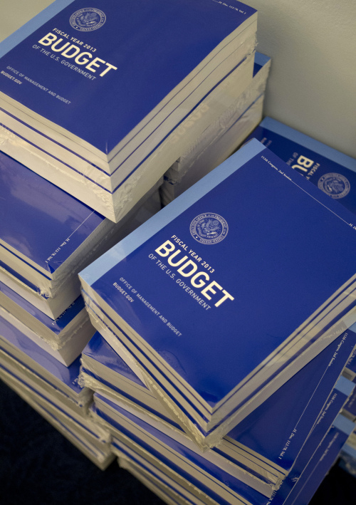 Copies of President Barack Obama’s fiscal 2013 federal budget arrive at the House Budget Committee on Capitol Hill in Washington on Monday. (AP-Yonhap News)