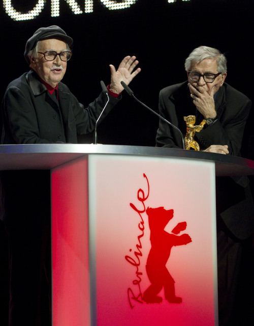 Directors Paolo Taviani (right) and Vittorio Taviani (left) react after receiving the Golden Bear for the Best Film during the Awarding Ceremony at the 62 edition of International Film Festival Berlinale, in Berlin Saturday. (AP-Yonhap News)