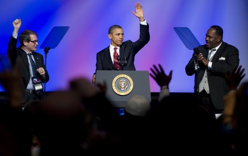 U.S. President Barack Obama speaks at the United Auto Workers conference in Washington, D.C. on Tuesday. (AFP-Yonhap News)