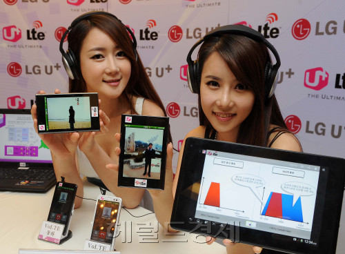 Models demonstrate the nation’s first voice-over-LTE service, offered by LG Uplus, in Gwanghwamun, Seoul, on Thursday. (Lee Sang-sub/The Korea Herald)